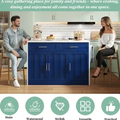 Îlot de Cuisine 120x60x91 cm - desserte de Cuisine avec Prise et Ports USB, Étagères Réglables, Porte-Serviettes, MDF - Blanc+Bleu