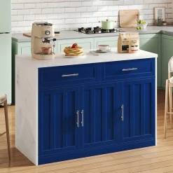Îlot de Cuisine 120x60x91 cm - desserte de Cuisine avec Prise et Ports USB, Étagères Réglables, Porte-Serviettes, MDF - Blanc+Bleu