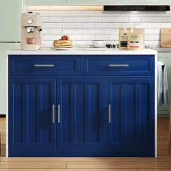 Îlot de Cuisine 120x60x91 cm - desserte de Cuisine avec Prise et Ports USB, Étagères Réglables, Porte-Serviettes, MDF - Blanc+Bleu