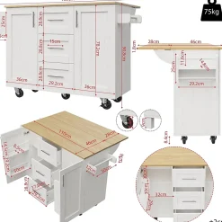 Îlot de cuisine 135x74x90,8 cm, cm avec plan de travail pliable, trois tiroirs, deux portes et porte-serviettes, buffet, blanc
