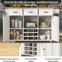 Îlot de cuisine 124x65x91,5 cm, plan de travail rabattable, tiroirs, étagère à épices et porte-serviettes, buffet moderne, blanc