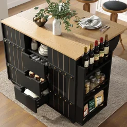 Îlot de cuisine 130x70x90cm, avec chariot de cuisine à roulettes, plan de travail rabattable, portes et tiroirs coulissants, noir