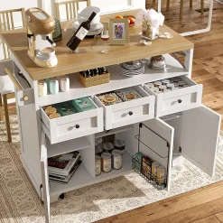 Îlot de cuisine 118x70x98cm,avec plan de travail pliable,chariot de cuisine à roulettes,étagères et tiroirs amovibles,blanc