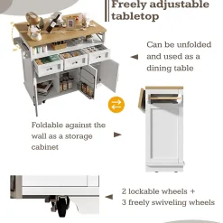 Îlot de cuisine 118x70x98cm,avec plan de travail pliable,chariot de cuisine à roulettes,étagères et tiroirs amovibles,blanc