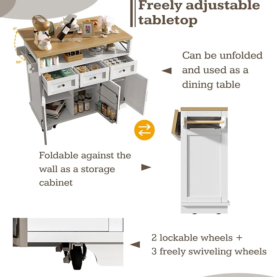 Îlot de cuisine 118x70x98cm,avec plan de travail pliable,chariot de cuisine à roulettes,étagères et tiroirs amovibles,blanc