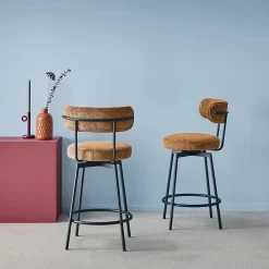 Lot de deux tabourets de bar assise rotative métal noir et tissu camel - L 50 x P 50 x H 92cm - Iris