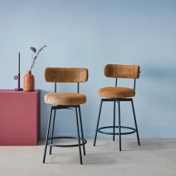 Lot de deux tabourets de bar assise rotative métal noir et tissu camel - L 50 x P 50 x H 92cm - Iris