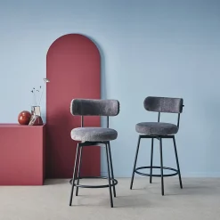 Lot de deux tabourets de bar assise rotative métal noir et tissu gris - L 50 x P 50 x H 92cm - Iris