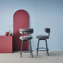 Lot de deux tabourets de bar assise rotative métal noir et tissu gris - L 50 x P 50 x H 92cm - Iris