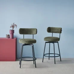 Lot de deux tabourets de bar assise rotative métal noir et tissu vert - L 50 x P 50 x H 92cm - Iris