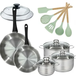 Lot de Poêles 24/28 cm avec couvercles et 3 faitouts 16/20/24 cm Fackelmann Généva avec 5 ustensiles Océan