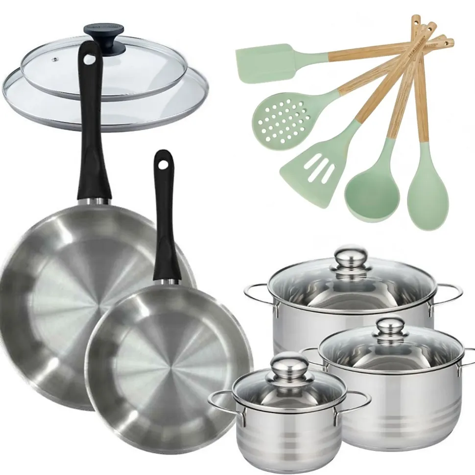 Lot de Poêles 24/28 cm avec couvercles et 3 faitouts 16/20/24 cm Fackelmann Généva avec 5 ustensiles Océan