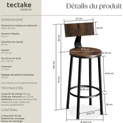 Lot de tabourets de bar avec grands dossiers confortables Style industriel