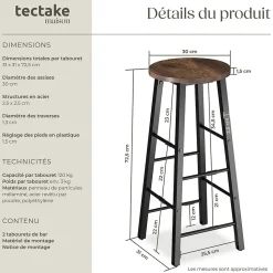 Lot de tabourets de bar style industriel en Bois et acier