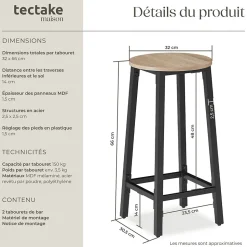 Lot de tabourets de bar style industriel en Bois et acier