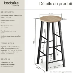 Lot de tabourets de bar style industriel en Bois et acier