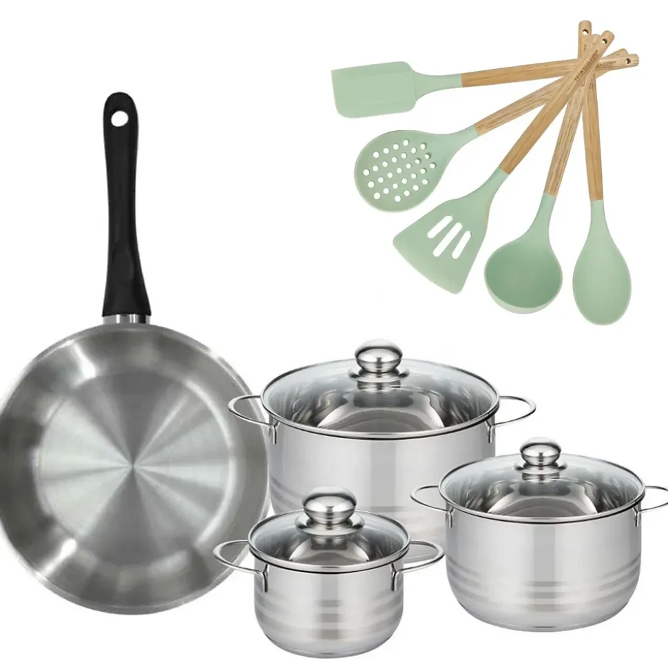 Lot Poêle 28 cm Fackelmann Généva et 3 Faitouts en acier inoxydable 16/20/24 cm et 5 ustensiles