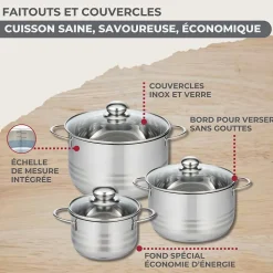 Lot Poêle 28 cm Fackelmann Généva et 3 Faitouts en acier inoxydable 16/20/24 cm et 5 ustensiles