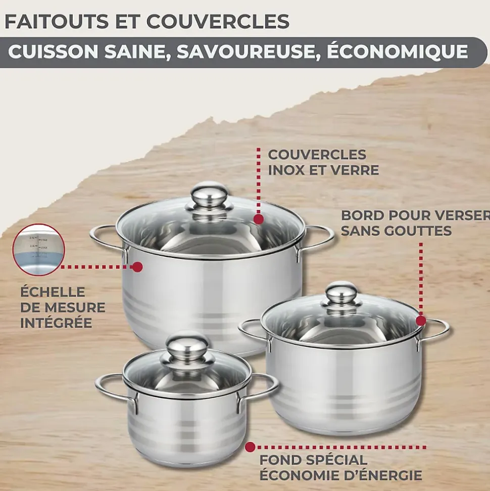 Lot Poêle 28 cm Fackelmann Généva et 3 Faitouts en acier inoxydable 16/20/24 cm et 5 ustensiles