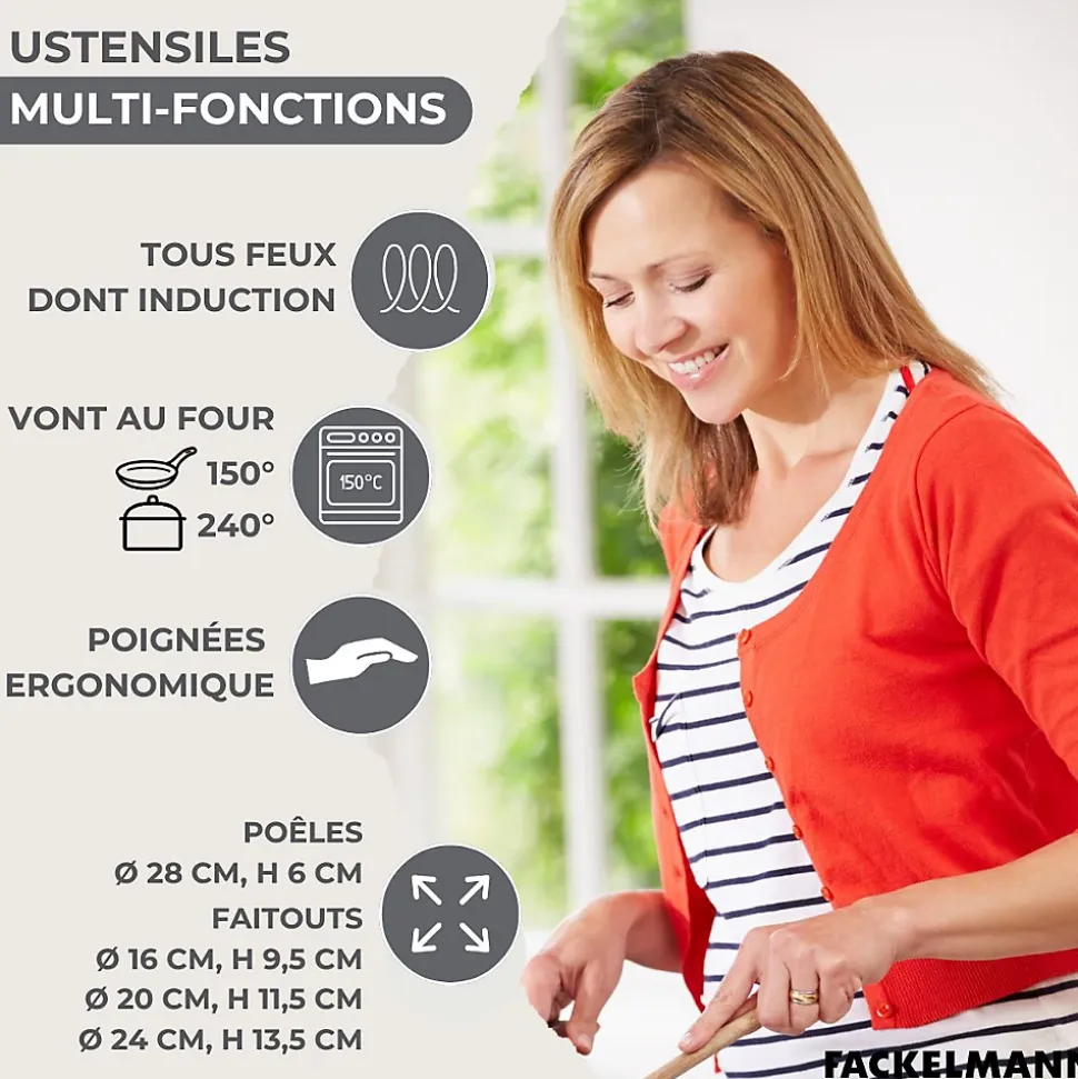 Lot Poêle 28 cm Fackelmann Généva et 3 Faitouts en acier inoxydable 16/20/24 cm et 5 ustensiles
