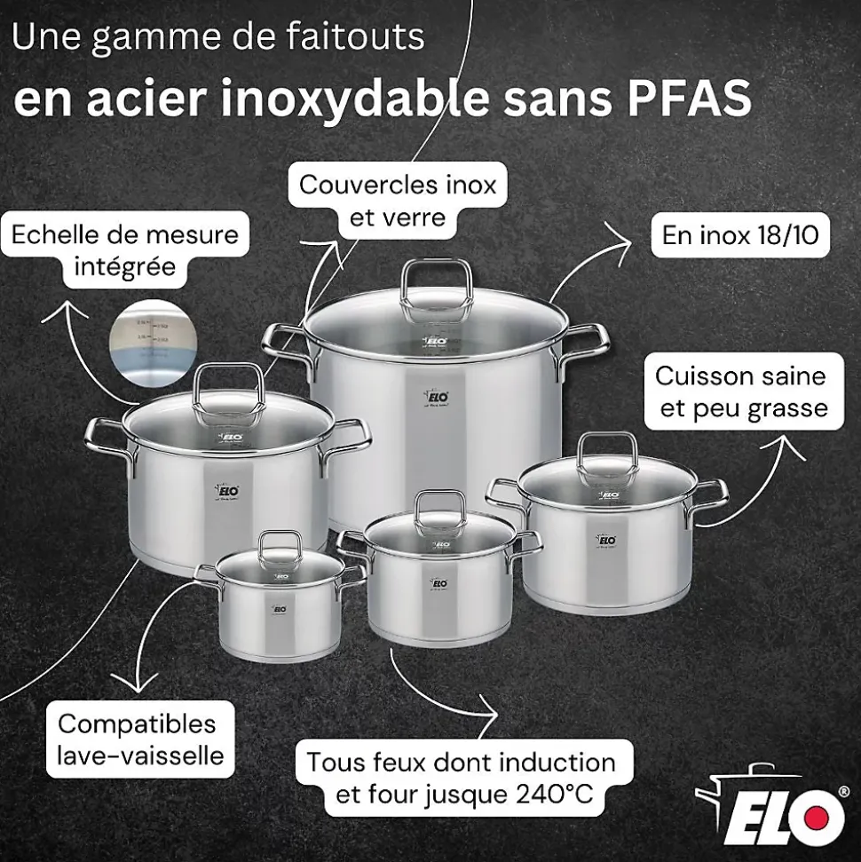 Lot Poêles 28cm & 32cm Elo Relief Evolution et Faitouts 16cm & 26cm