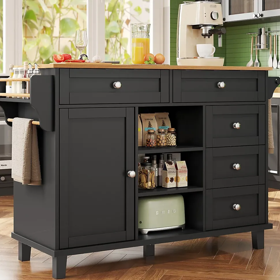 Îlots de Cuisine - Meuble de Cuisine avec Tiroirs et Étagères, Chariot sur Roulettes, MDF Noir, 134x46x92 cm