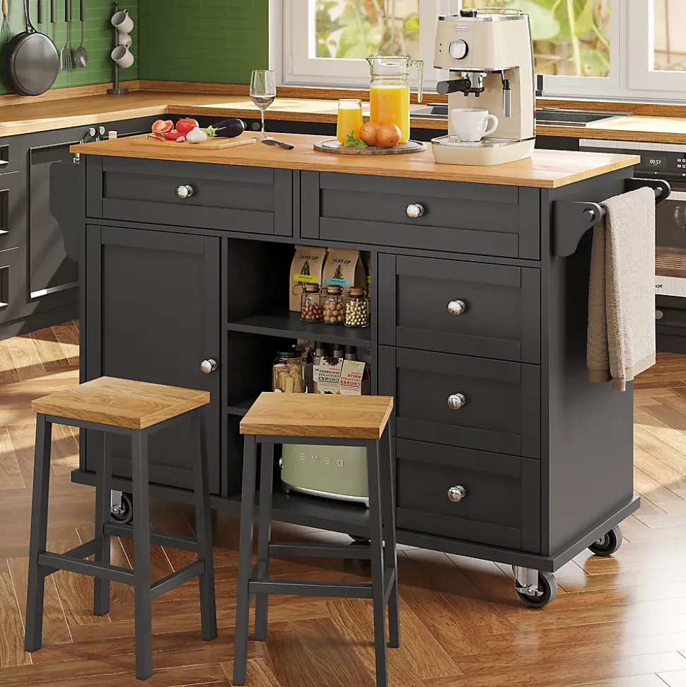 Îlots de Cuisine - Meuble de Cuisine avec Tiroirs et Étagères, Chariot sur Roulettes, MDF Noir, 134x46x92 cm