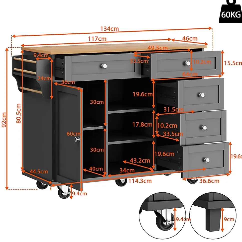 Îlots de Cuisine - Meuble de Cuisine avec Tiroirs et Étagères, Chariot sur Roulettes, MDF Noir, 134x46x92 cm