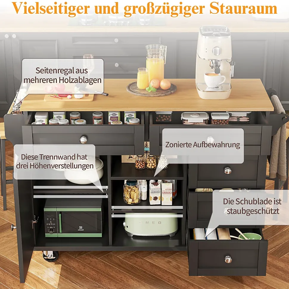 Îlots de Cuisine - Meuble de Cuisine avec Tiroirs et Étagères, Chariot sur Roulettes, MDF Noir, 134x46x92 cm