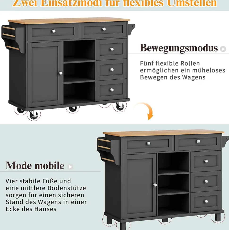 Îlots de Cuisine - Meuble de Cuisine avec Tiroirs et Étagères, Chariot sur Roulettes, MDF Noir, 134x46x92 cm