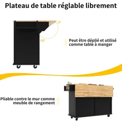 Îlots de Cuisine Multifonction, Espace de Rangement et Plan de Travail, Buffet de Cuisine en MDF et Métal, Noir, 106x50x90,5 cm