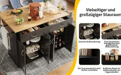 Îlots de Cuisine Multifonction, Espace de Rangement et Plan de Travail, Buffet de Cuisine en MDF et Métal, Noir, 106x50x90,5 cm