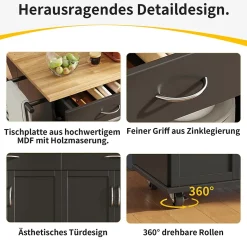 Îlots de Cuisine Multifonction, Espace de Rangement et Plan de Travail, Buffet de Cuisine en MDF et Métal, Noir, 106x50x90,5 cm