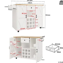 Îlots de Cuisine Multifonction, Espace de Rangement et Plan Extensible, Buffet de Cuisine en MDF et Métal, Blanc, 118x40x95,6 cm