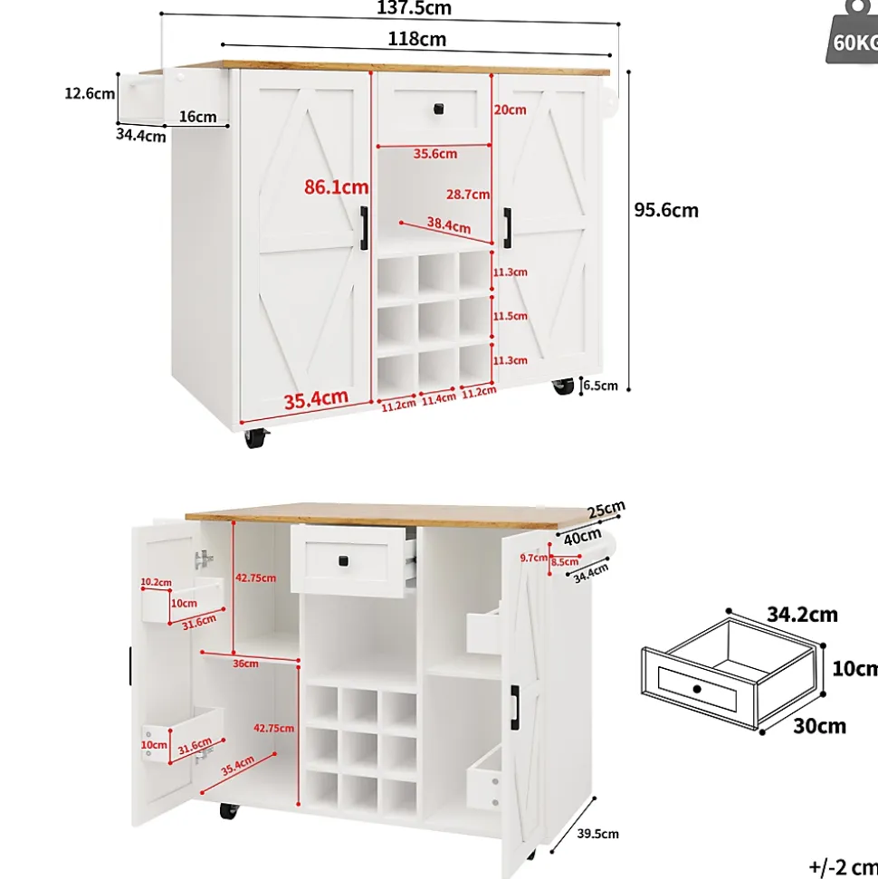 Îlots de Cuisine Multifonction, Espace de Rangement et Plan Extensible, Buffet de Cuisine en MDF et Métal, Blanc, 118x40x95,6 cm
