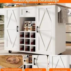 Îlots de Cuisine Multifonction, Espace de Rangement et Plan Extensible, Buffet de Cuisine en MDF et Métal, Blanc, 118x40x95,6 cm