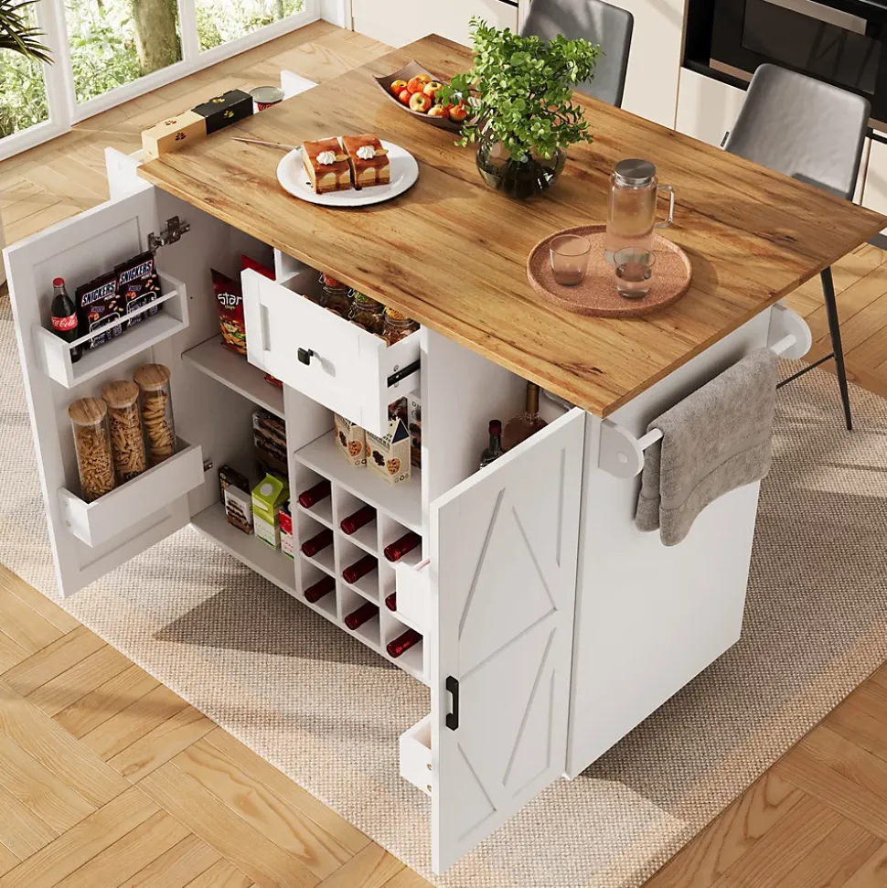 Îlots de Cuisine Multifonction, Espace de Rangement et Plan Extensible, Buffet de Cuisine en MDF et Métal, Blanc, 118x40x95,6 cm