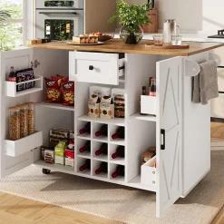 Îlots de Cuisine Multifonction, Espace de Rangement et Plan Extensible, Buffet de Cuisine en MDF et Métal, Blanc, 118x40x95,6 cm