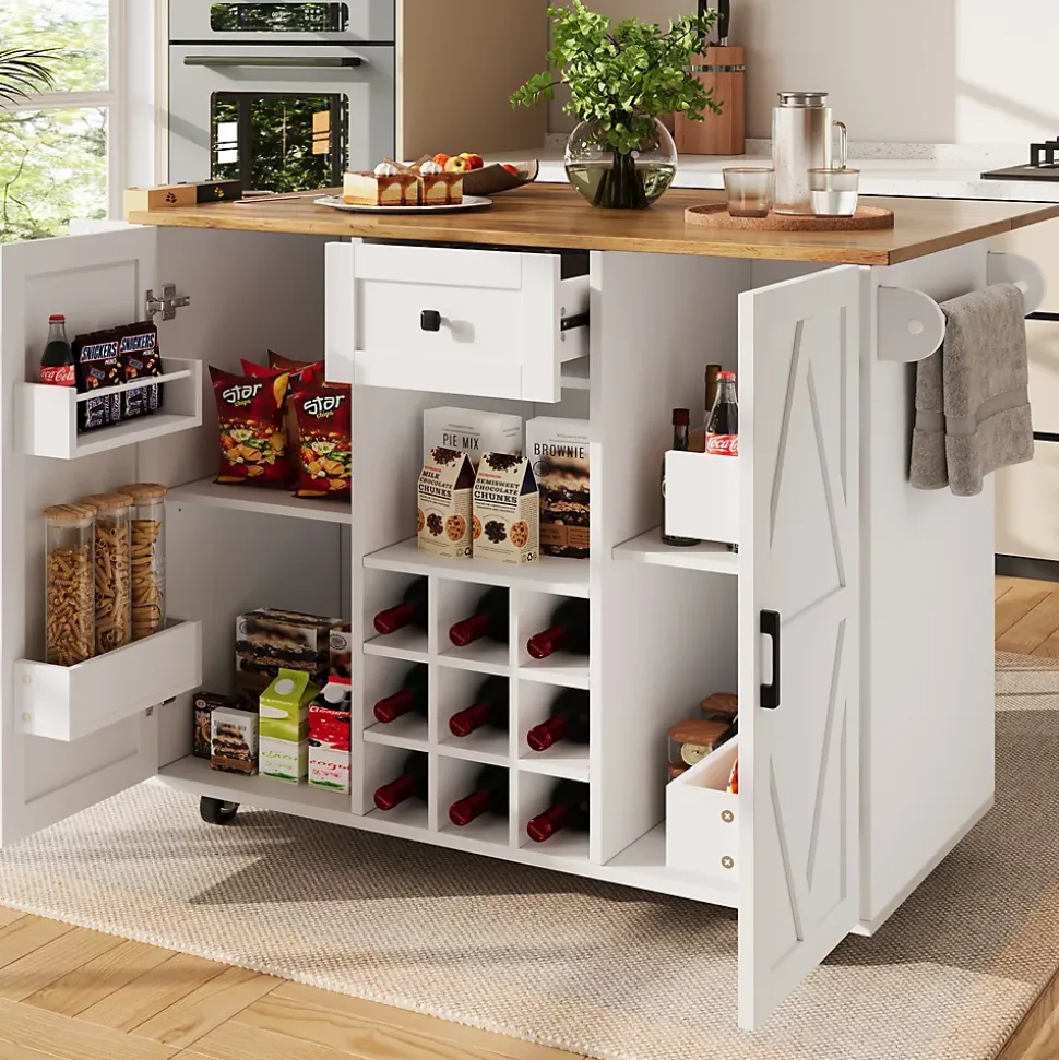 Îlots de Cuisine Multifonction, Espace de Rangement et Plan Extensible, Buffet de Cuisine en MDF et Métal, Blanc, 118x40x95,6 cm