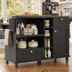 Îlots de Cuisine sur Roulettes avec Tiroirs et Étagères, Chariot de Cuisine Mobile en MDF, Noir et Plan Bois Clair, 129x46x92 cm