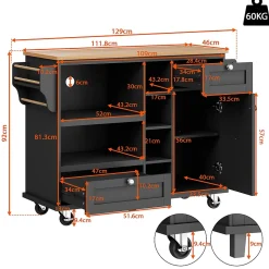 Îlots de Cuisine sur Roulettes avec Tiroirs et Étagères, Chariot de Cuisine Mobile en MDF, Noir et Plan Bois Clair, 129x46x92 cm