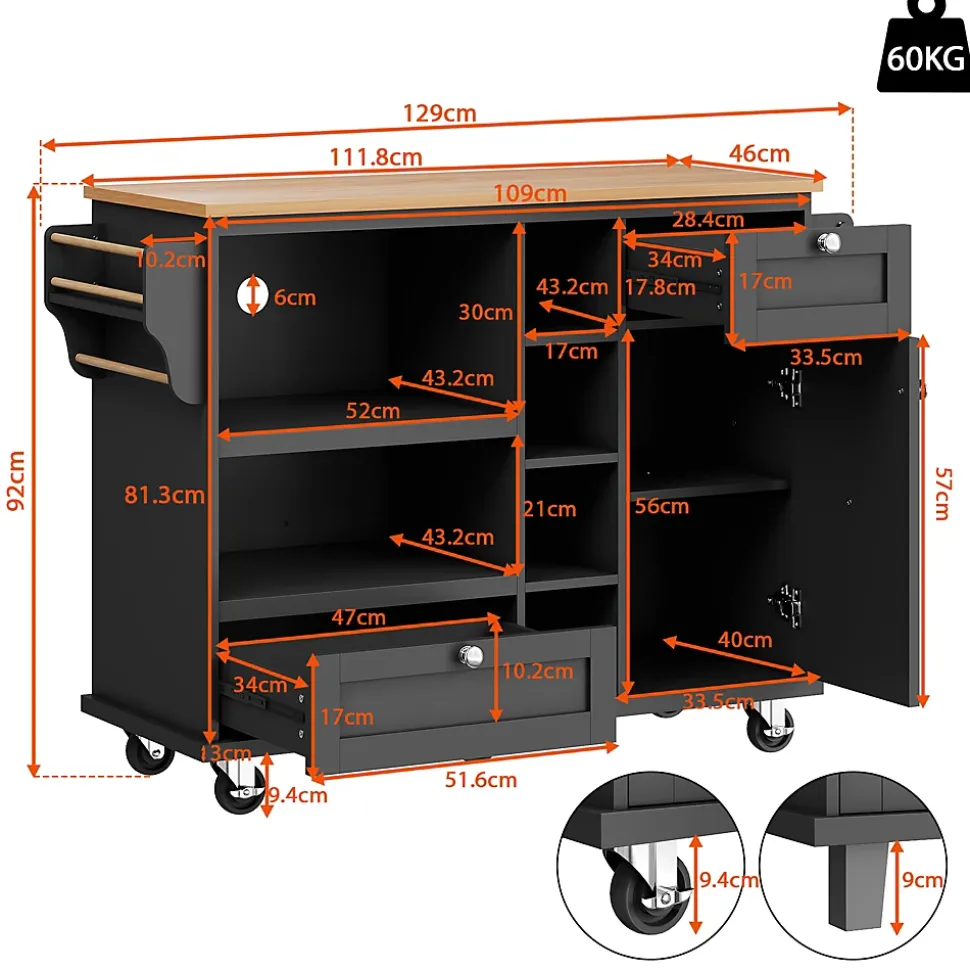 Îlots de Cuisine sur Roulettes avec Tiroirs et Étagères, Chariot de Cuisine Mobile en MDF, Noir et Plan Bois Clair, 129x46x92 cm