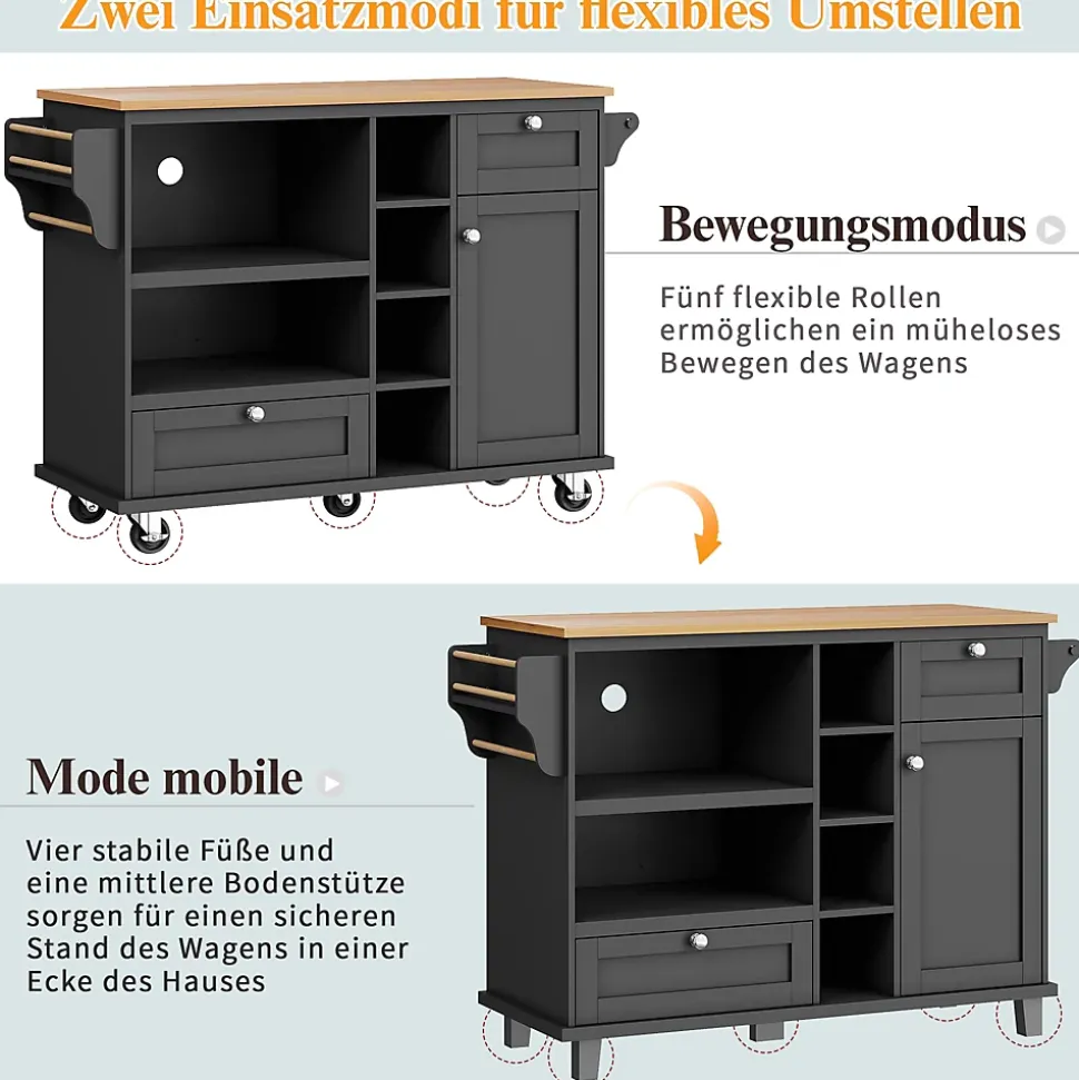 Îlots de Cuisine sur Roulettes avec Tiroirs et Étagères, Chariot de Cuisine Mobile en MDF, Noir et Plan Bois Clair, 129x46x92 cm