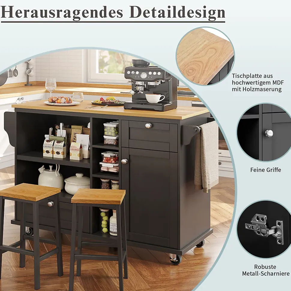 Îlots de Cuisine sur Roulettes avec Tiroirs et Étagères, Chariot de Cuisine Mobile en MDF, Noir et Plan Bois Clair, 129x46x92 cm