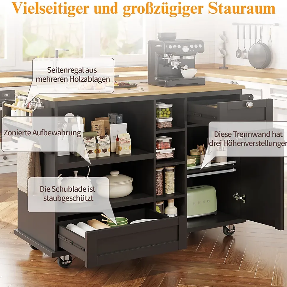 Îlots de Cuisine sur Roulettes avec Tiroirs et Étagères, Chariot de Cuisine Mobile en MDF, Noir et Plan Bois Clair, 129x46x92 cm