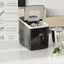 Machine à glaçon 120 W - capacité réservoir eau 1,8 L - capacité réservoir glace 0,8 Kg - cuillère et panier inclus - PP noir