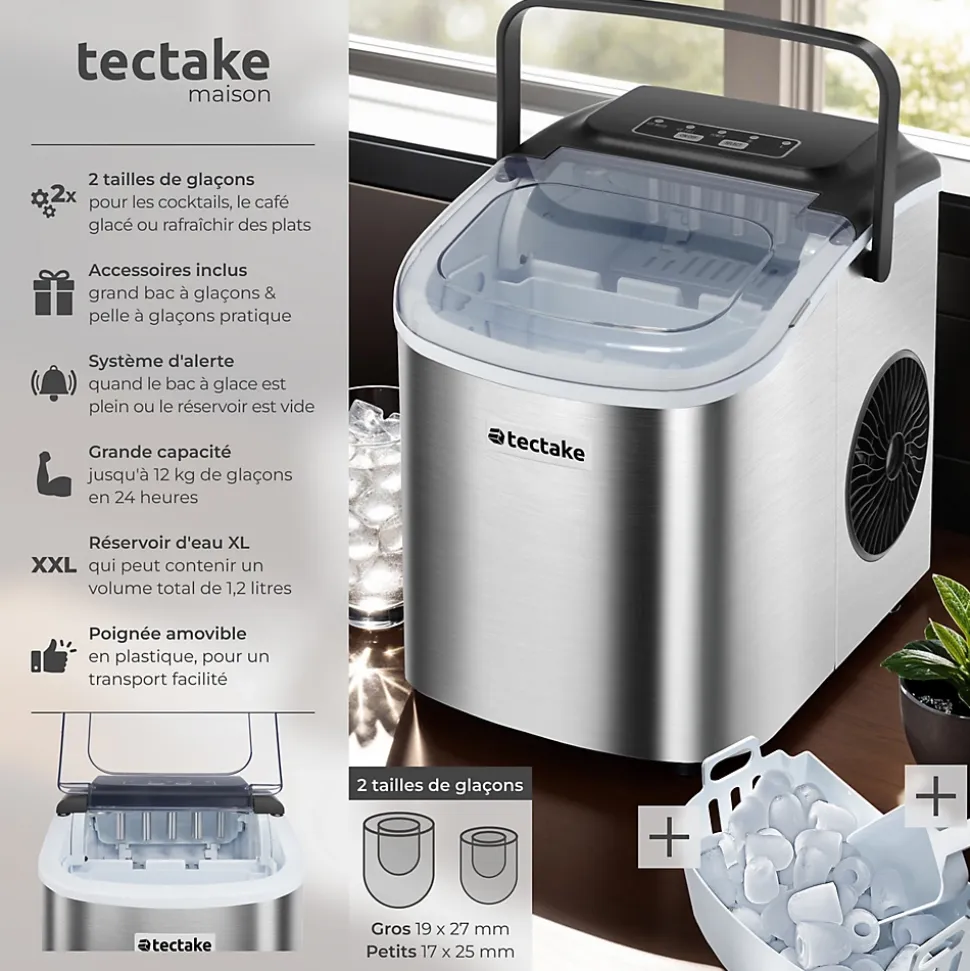 Machine à glaçons capacité de 1,2 L avec 2 tailles de glaçons argent