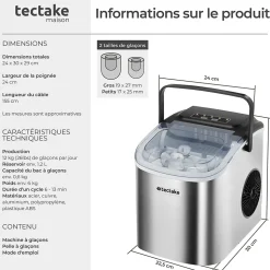 Machine à glaçons capacité de 1,2 L avec 2 tailles de glaçons argent