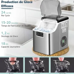 Machine à Glaçons Capacité 18KG en 24H 24 Glaçons en 15 Minutes Automatique Électrique Compact Portable Auto Nettoyage