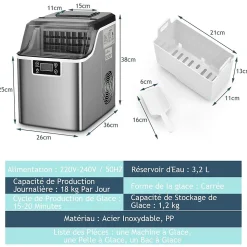 Machine à Glaçons Capacité 18KG en 24H 24 Glaçons en 15 Minutes Automatique Électrique Compact Portable Auto Nettoyage